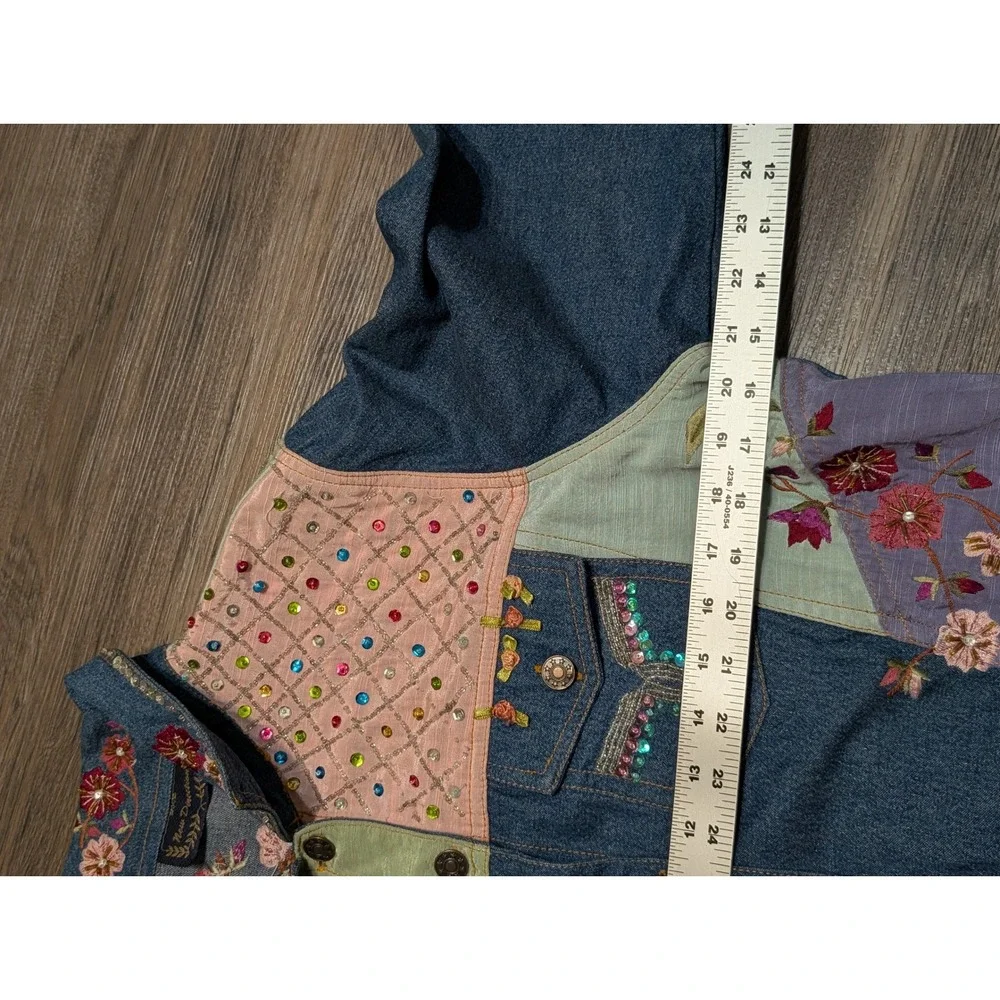New Direction Womens Denim Jacket Blue Patchwork Floral Embroidered‎ Sequins